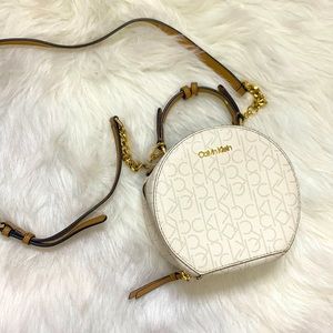 Calvin Klein White and Gold Signature Round Mini Logo CK Crossbody Bag